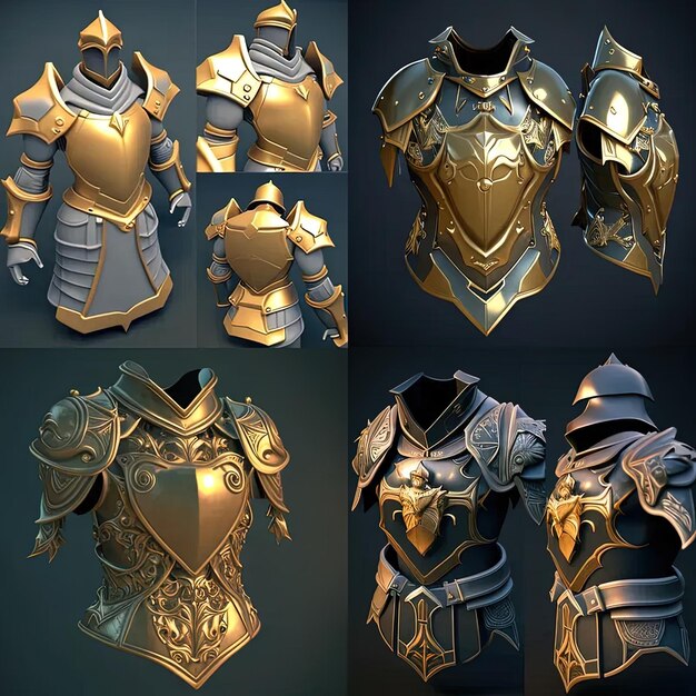 Photo a variety of armors are shown on a black background