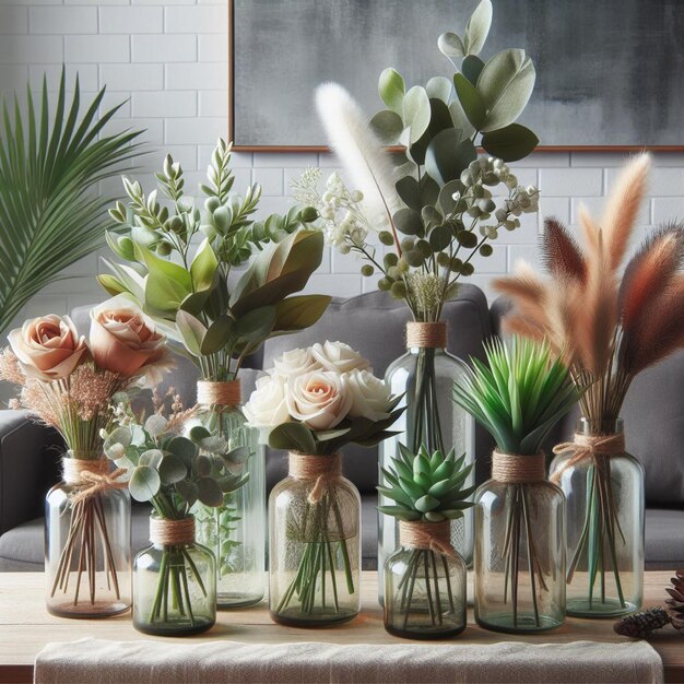 Variety of artificial plants in stylish glass bottles for modern home decor and interior design