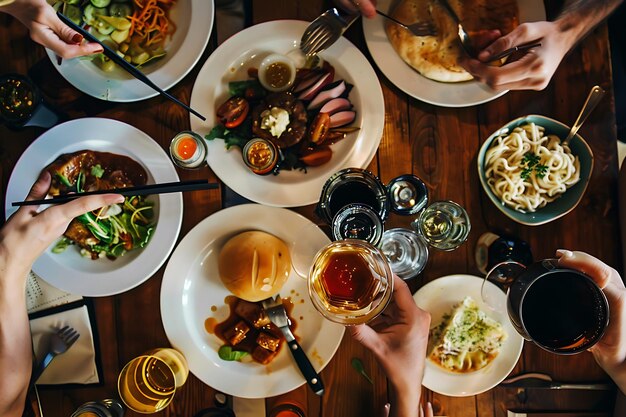 Variety of asian food and bowls of noodles on table