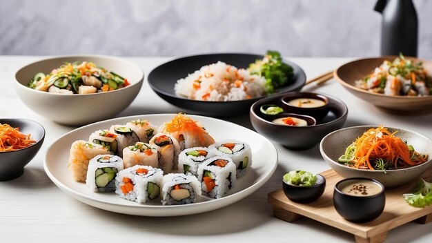 a variety of Asianinspired vegetarian dishes on a white wooden table in a restaurant include sushi