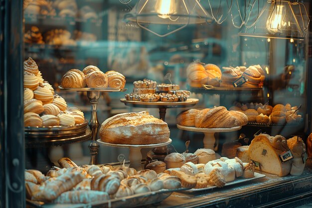 Photo variety of baked products on display delicious pastries and breads placed on shelf at bakery shop various of bread for selling in shop