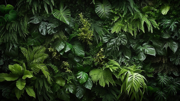 variety of beautiful green fresh tropical lush foliage