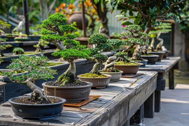 Photo variety of bonsai trees were planted in pots and was many sorted for decoration in public garden