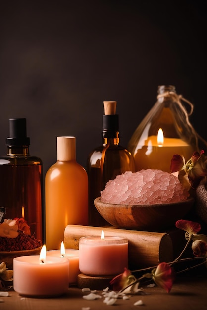 A variety of bottles of soap sit on a table with a candle and a bowl of salt.