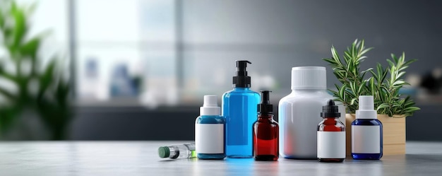 Photo a variety of bottles with blank labels arranged on a countertop with a potted plant in the background perfect for product mockups