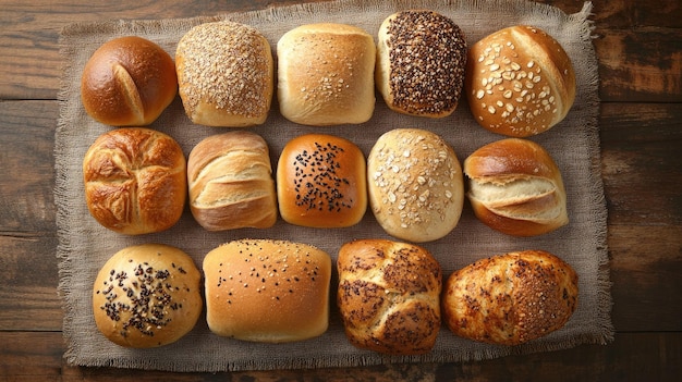 A variety of bread rolls arranged on a wooden table viewed from above with a few scattered seeds