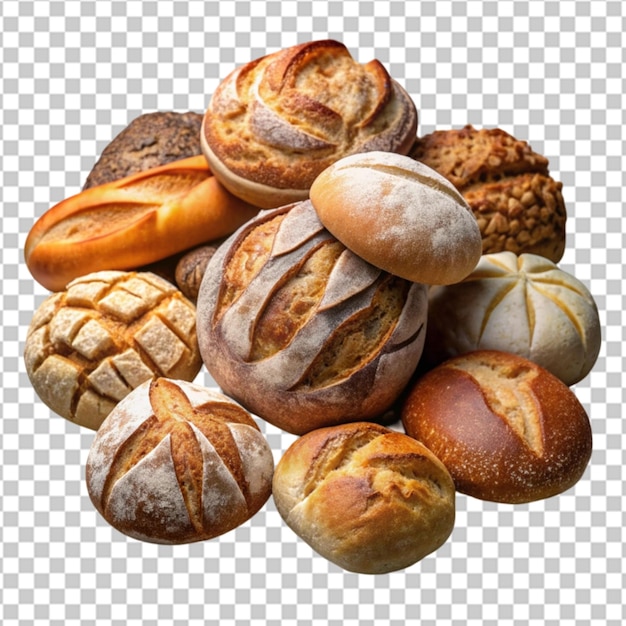 A variety of breads and buns arranged in a circle on transparent background