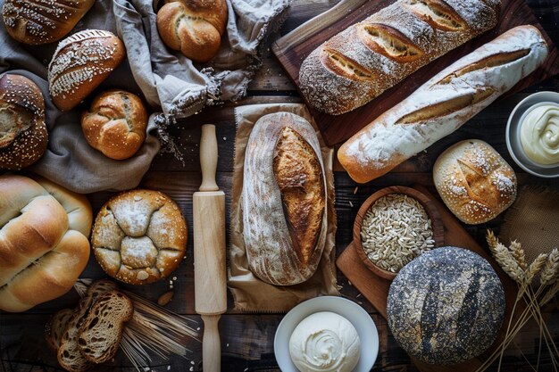 Photo variety breads pastries old wooden table