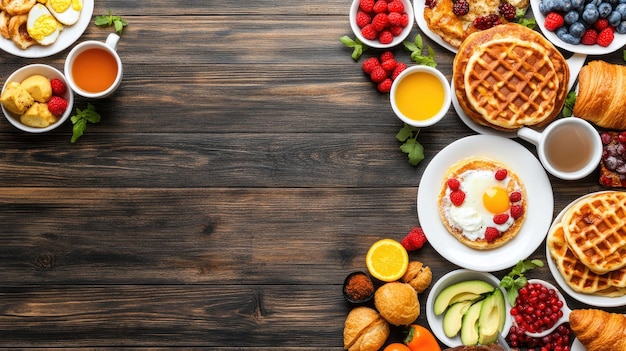 A variety of breakfast dishes including eggs bacon croissants waffles and fruit arranged on white plates over a dark wooden table