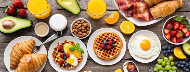 A variety of breakfast dishes including eggs bacon croissants waffles and fruit arranged on white plates over a dark wooden table