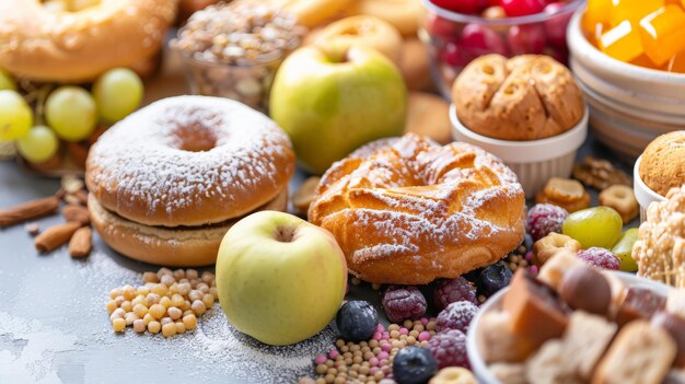 Variety of breakfast items emphasizing balanced diet and sugar intake