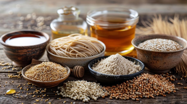 A variety of buckwheat products such as flour noodles honey and tea neatly arranged on a wooden