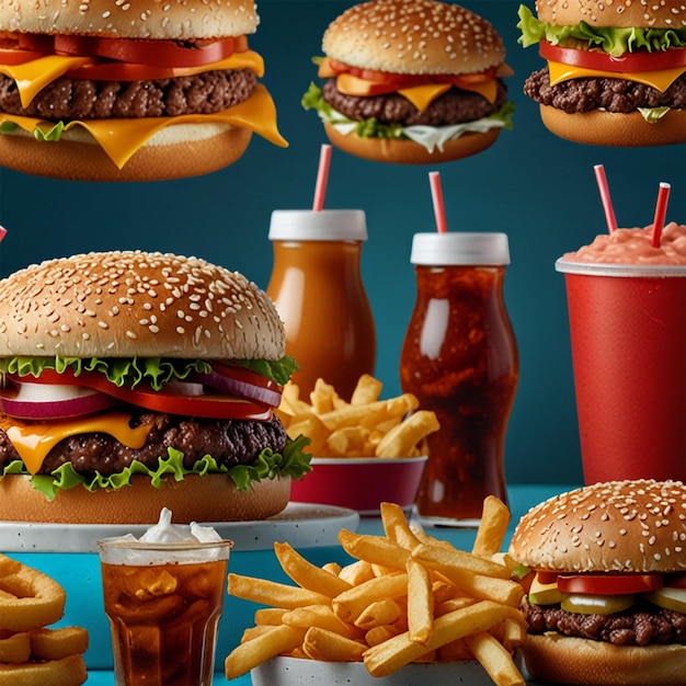 a variety of burgers including cheeseburger fries and ketchup