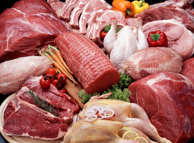 A variety of butcher fresh meats Beef chickens and pork