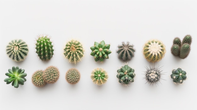 A variety of cacti arranged in a row on a white background showcasing different shapes and sizes