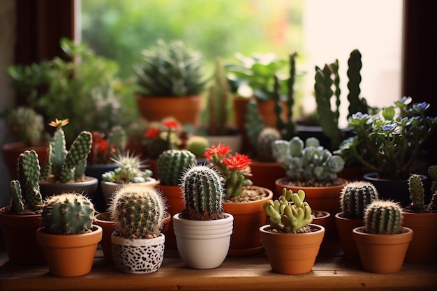 Variety of cactus in flowerpot on wooden table