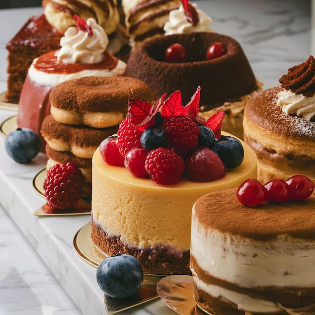 a variety of cakes are on display on a table