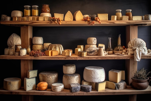 Variety of cheese types maturing on oak shelves created with generative ai