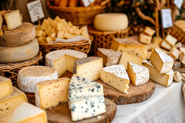 Variety of cheeses are displayed on table with some in baskets and others cut into slices