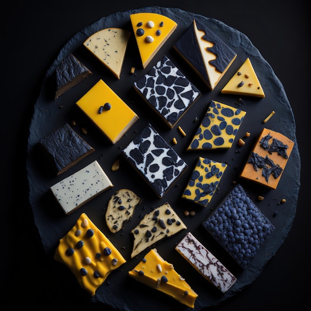 Variety of cheeses arranged in a colorful mosaic still life