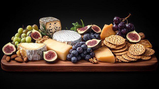 Photo a variety of cheeses and crackers are displayed on a wooden board