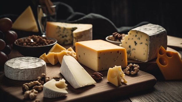 A variety of cheeses and nuts are on a wooden board.