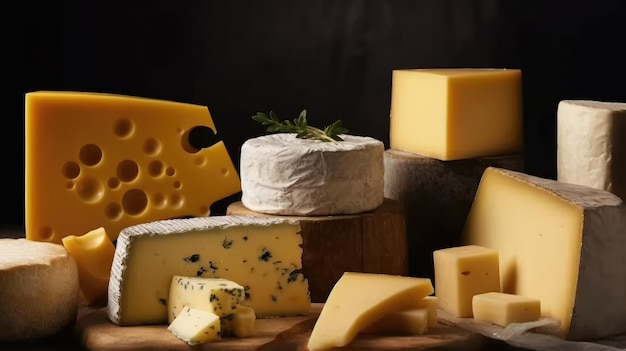 A variety of cheeses on a wooden board