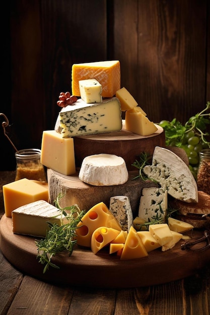 a variety of cheeses on a wooden platter