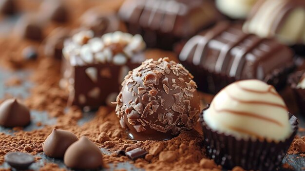 A variety of chocolate candies are displayed on a table with a brown surface