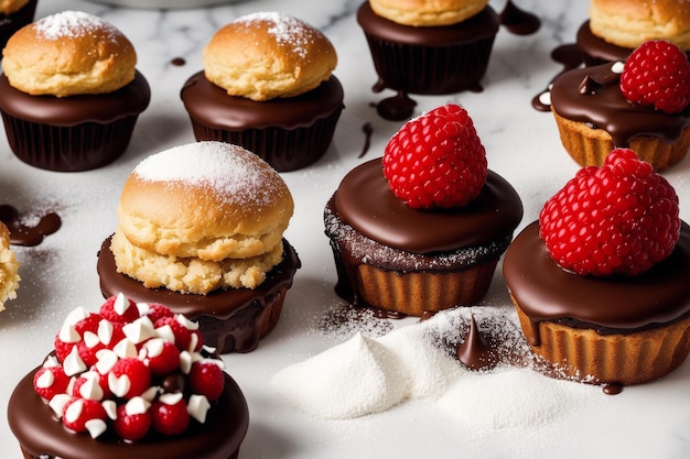 A variety of chocolate muffins are on a white table.