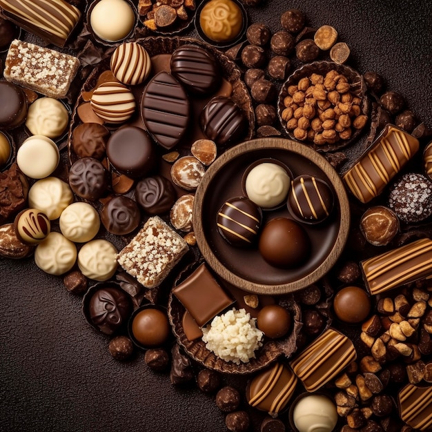 A variety of chocolates are on a table with black background