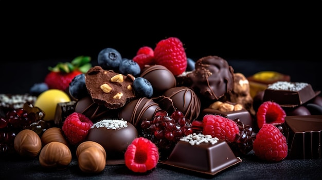 A variety of chocolates on a black background