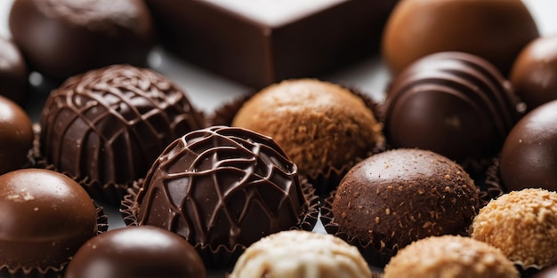 A variety of chocolates displayed on a clean white surface