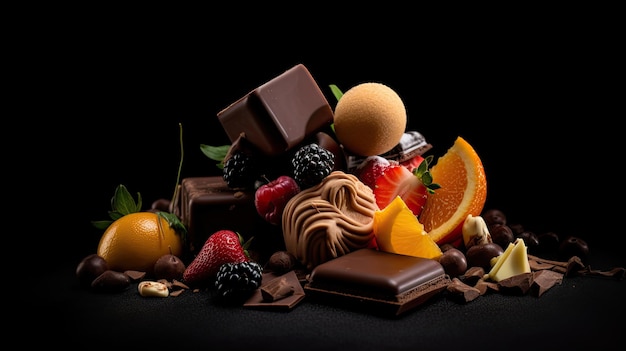 A variety of chocolates and fruit are on a black background.