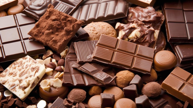 A variety of chocolates and other foods are on a plate.