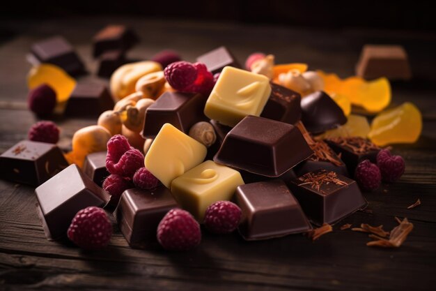 A variety of chocolates and raspberries on a wooden table.