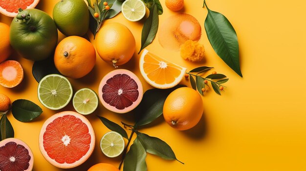 Variety of citrus fruit including lemons lines grapefruits and oranges generative ai