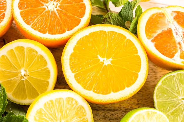 Variety of citrus fruit including lemons, lines, grapefruits and oranges.