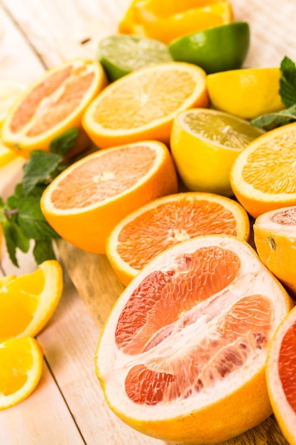 Variety of citrus fruit including lemons, lines, grapefruits and oranges.