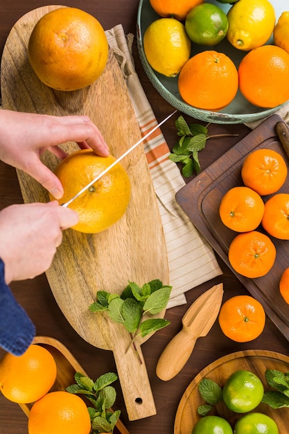 Variety of citrus fruit including lemons, lines, grapefruits and oranges.