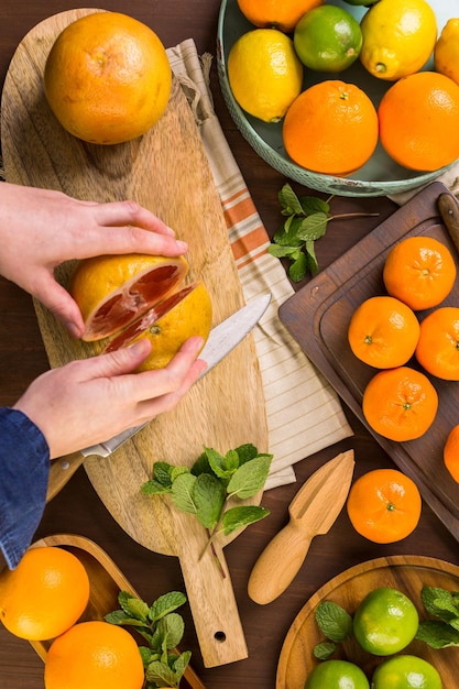 Variety of citrus fruit including lemons, lines, grapefruits and oranges.