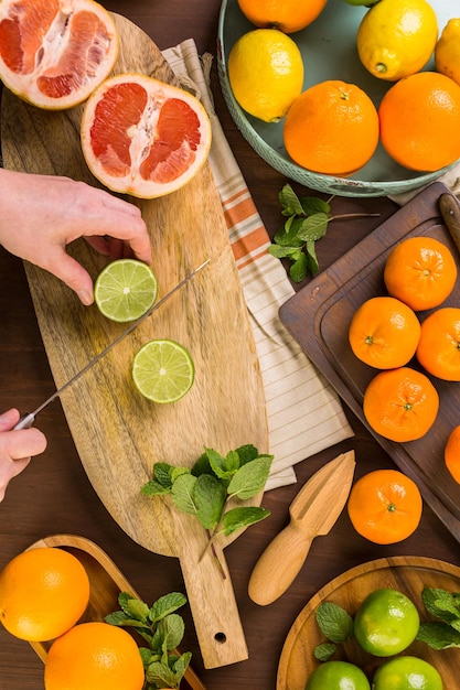 Variety of citrus fruit including lemons, lines, grapefruits and oranges.