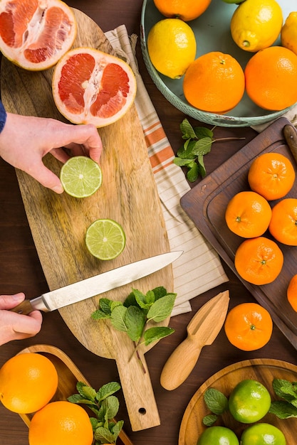 Variety of citrus fruit including lemons, lines, grapefruits and oranges.