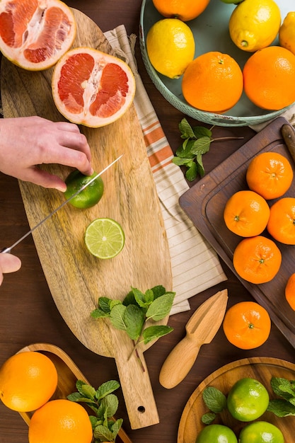 Variety of citrus fruit including lemons, lines, grapefruits and oranges.