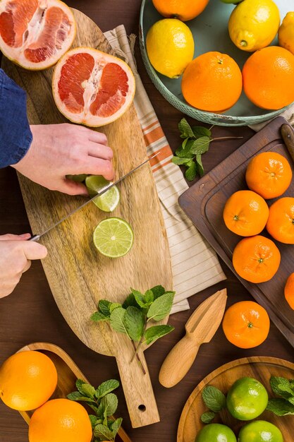 Variety of citrus fruit including lemons, lines, grapefruits and oranges.