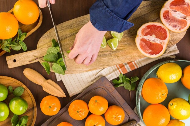 Variety of citrus fruit including lemons, lines, grapefruits and oranges.