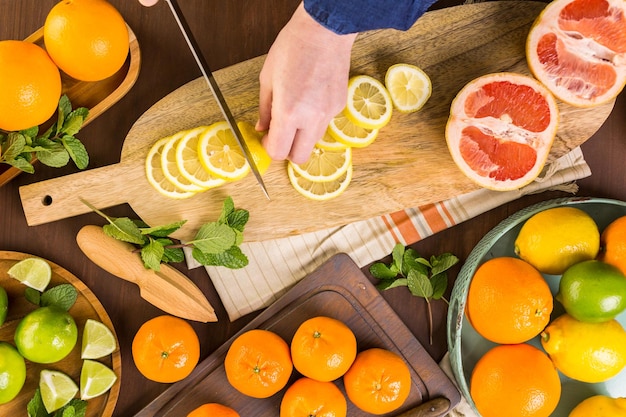 Variety of citrus fruit including lemons, lines, grapefruits and oranges.