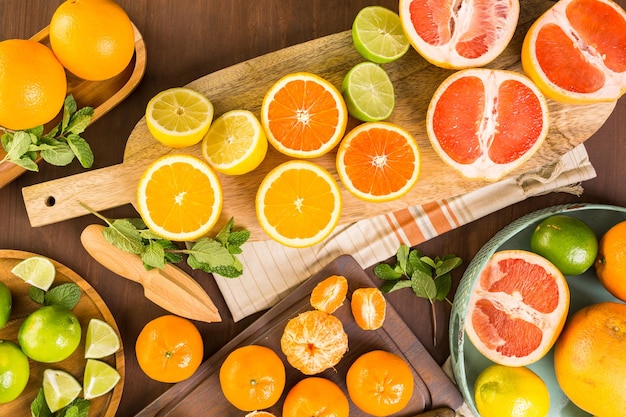 Variety of citrus fruit including lemons, lines, grapefruits and oranges.