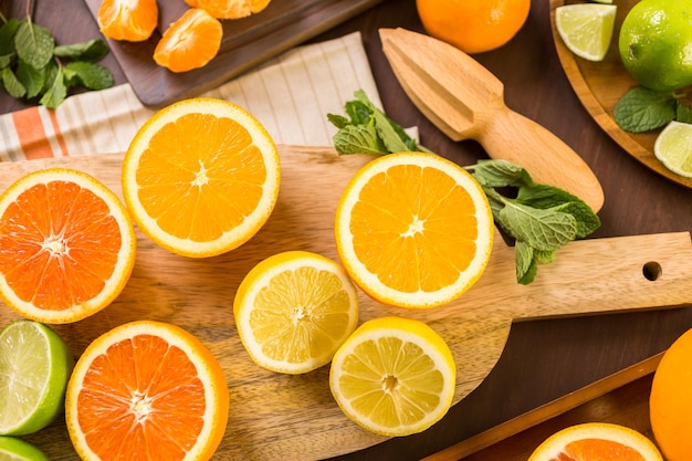 Variety of citrus fruit including lemons, lines, grapefruits and oranges.