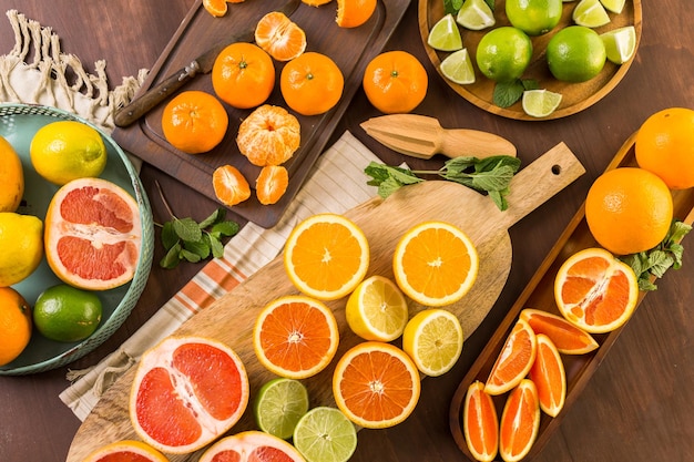 Variety of citrus fruit including lemons, lines, grapefruits and oranges.